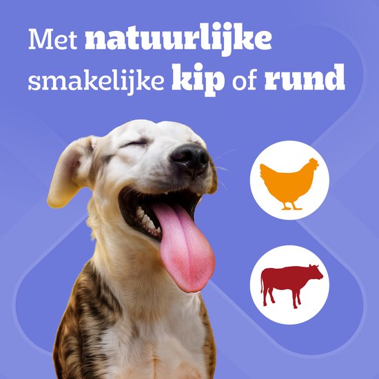Vrolijke hond met tong uit zijn bek. "Met natuurlijke smakelijke kip of rund", met kip- en rund-icoontjes.