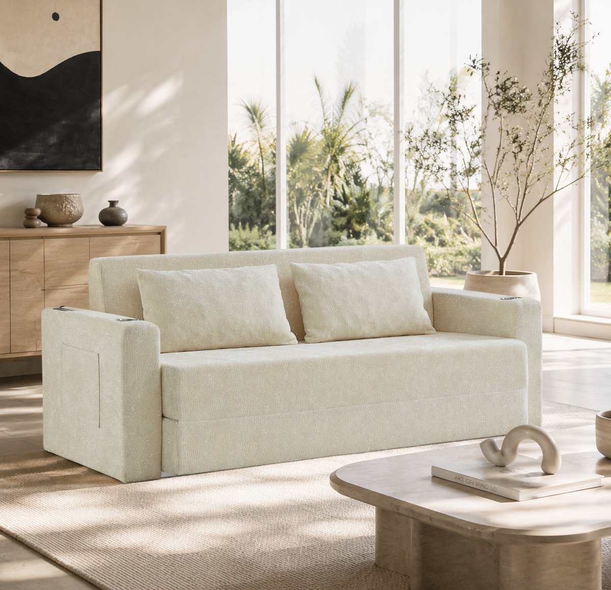 MIVRAY Slaapbank 153 Cm - 2-Zits Klapbaar Met Usb-Opladen En 2 Kussens - Voor Woonkamer En Appartement - Chenille Beige