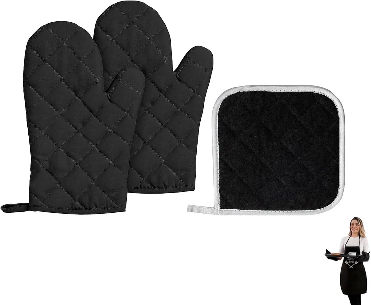 SnelShoppen - Set van twee hittebestendige pannenlappen en onderzetter, zwarte keukenaccessoires, isolerend, versterkt katoen, 26x18 cm, multifunction