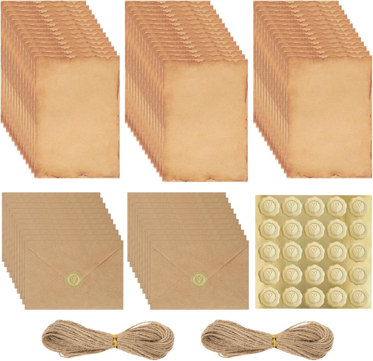 SnelShoppen - 87-delige Vintage Briefpapier Set met Enveloppen, Retro Schrijfset met 40 A5 Briefpapier, 20 Enveloppen, 25 Stickers en 2x 5m Jute Touw