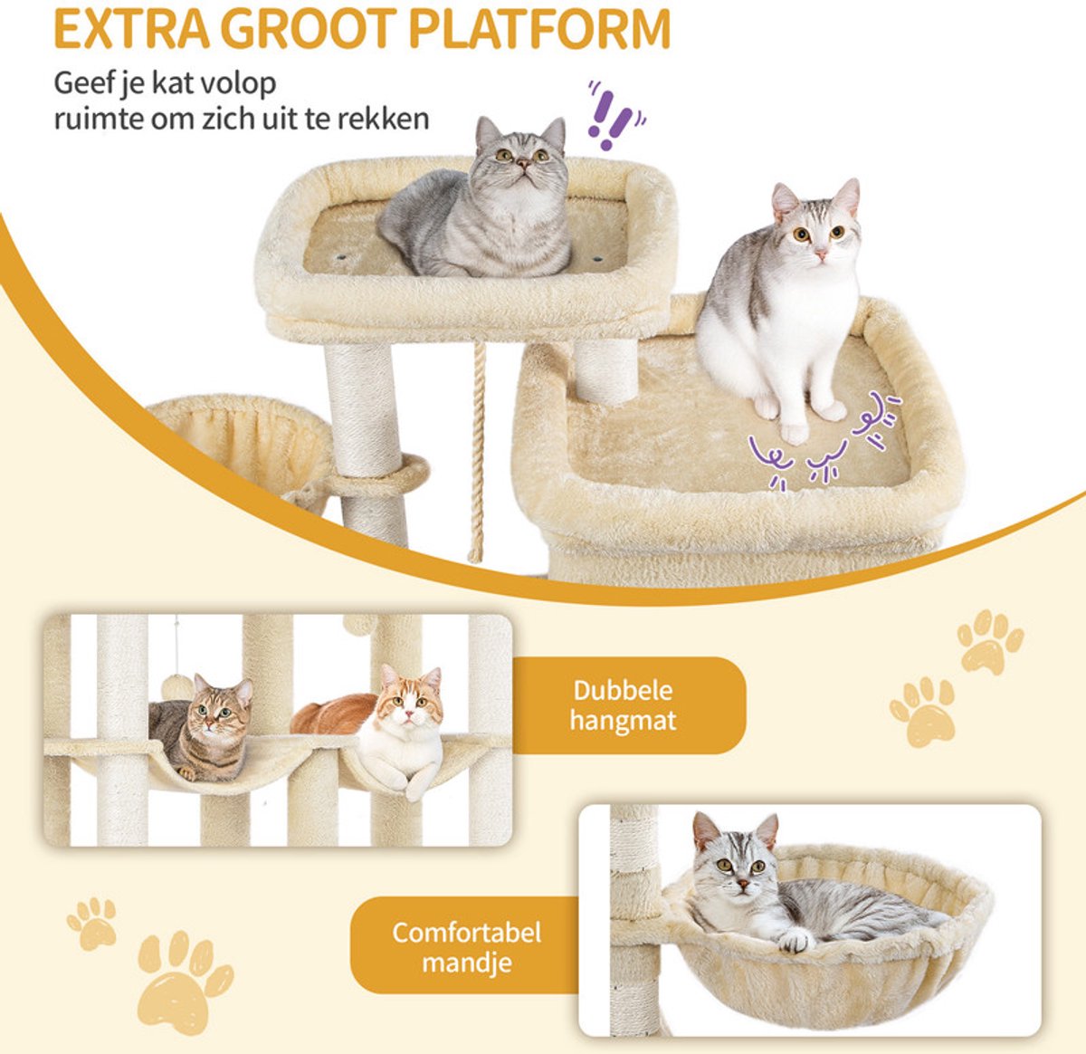 Hzuaneri Krabpaal, 185 cm XL Krabpaal met 10 krabpalen, 2 holen, 2 hangmatten, groot platform, kattenborstels, mandje, robuuste krabpaal voor Maine Coons en grote katten, beige thumbnail 6
