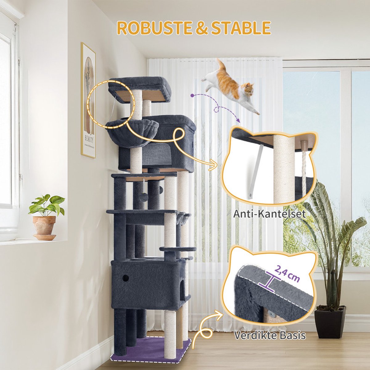 Hzuaneri krabpaal, 185 cm XL krabpaal met 10 krabpalen, 2 manden, 2 hangmatten, groot platform, kattenborstels, mand, robuuste krabpaal voor Maine Coons en grote katten, donkergrijs thumbnail 3