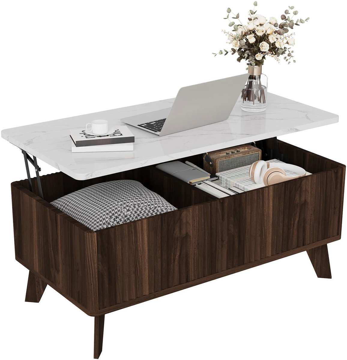 Emvae Salontafel - Salontafel met Opbergruimte - Koffietafel - Modern - Hout - Marmerlook Blad - 105 x 53 x 42 cm - Walnoot