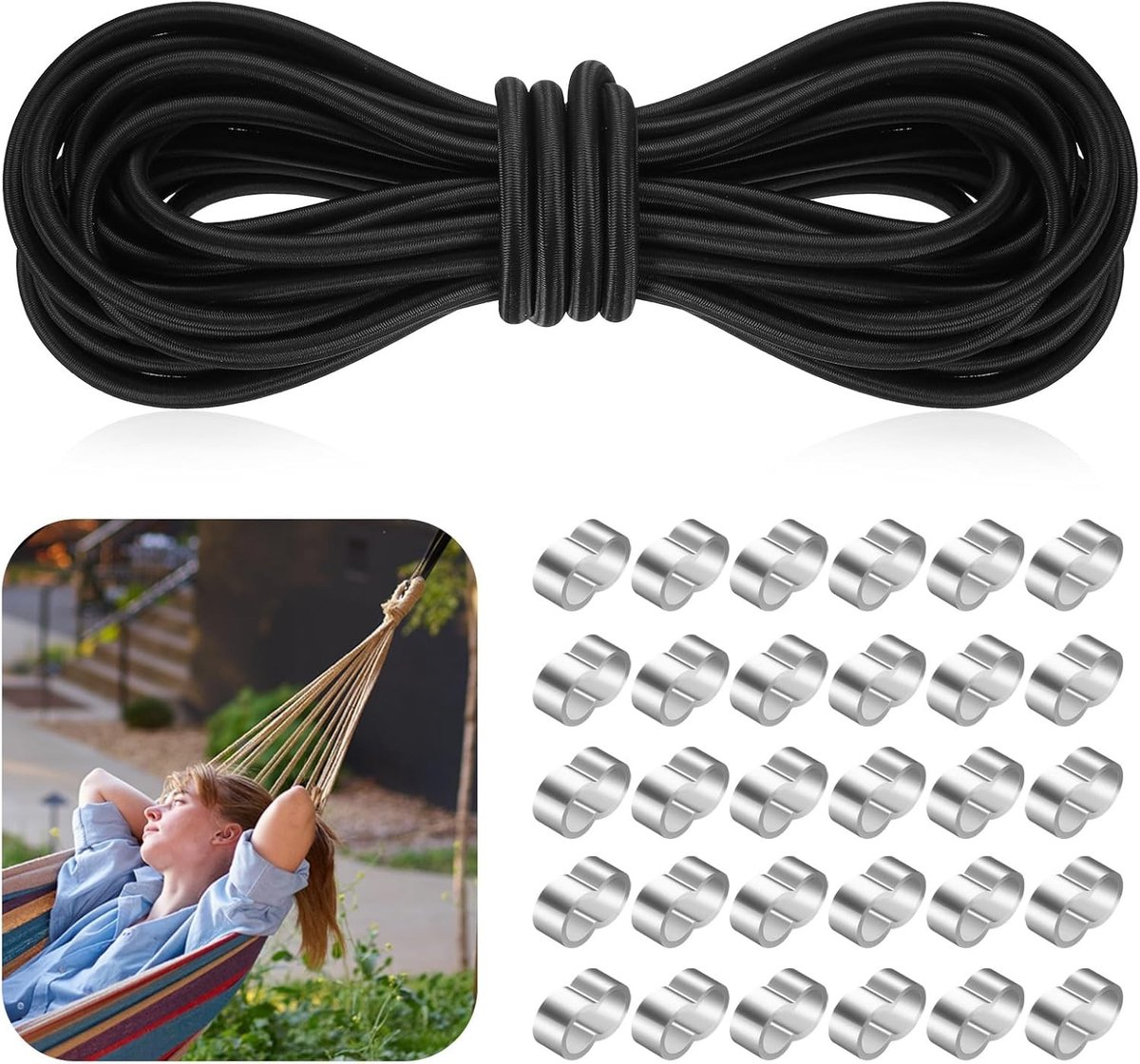 Elastisch Koord - Spanband Bungee - Zaken Vastzetten - Inclusief Klemmen - 8mm x 10m - Zwart