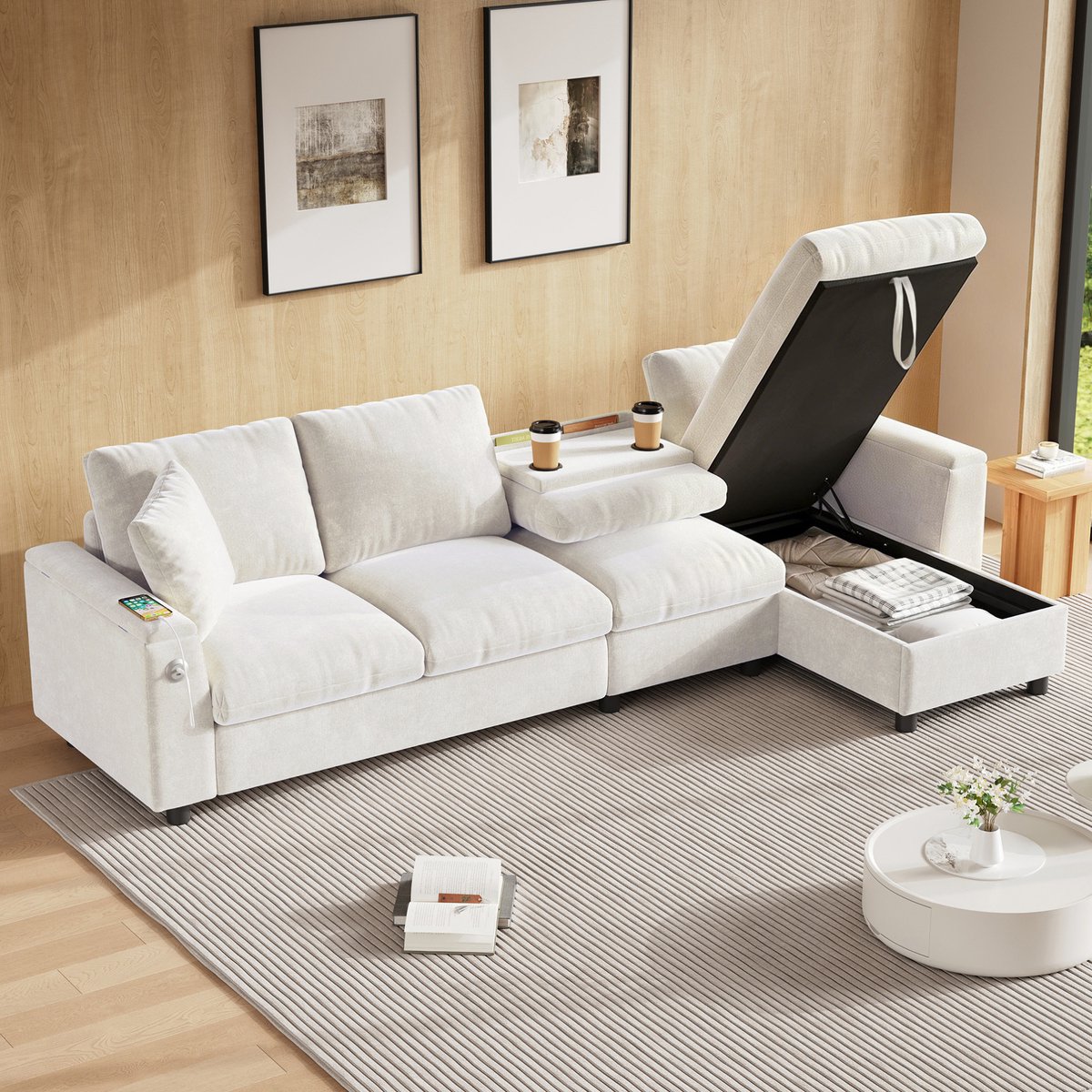 MEUNIQ hoekbank met slaapfunctie en opbergruimte, chenille, L-vorm, omkeerbare hoek links of rechts, 280 x 137 x 84 cm, beige voor woonkamer