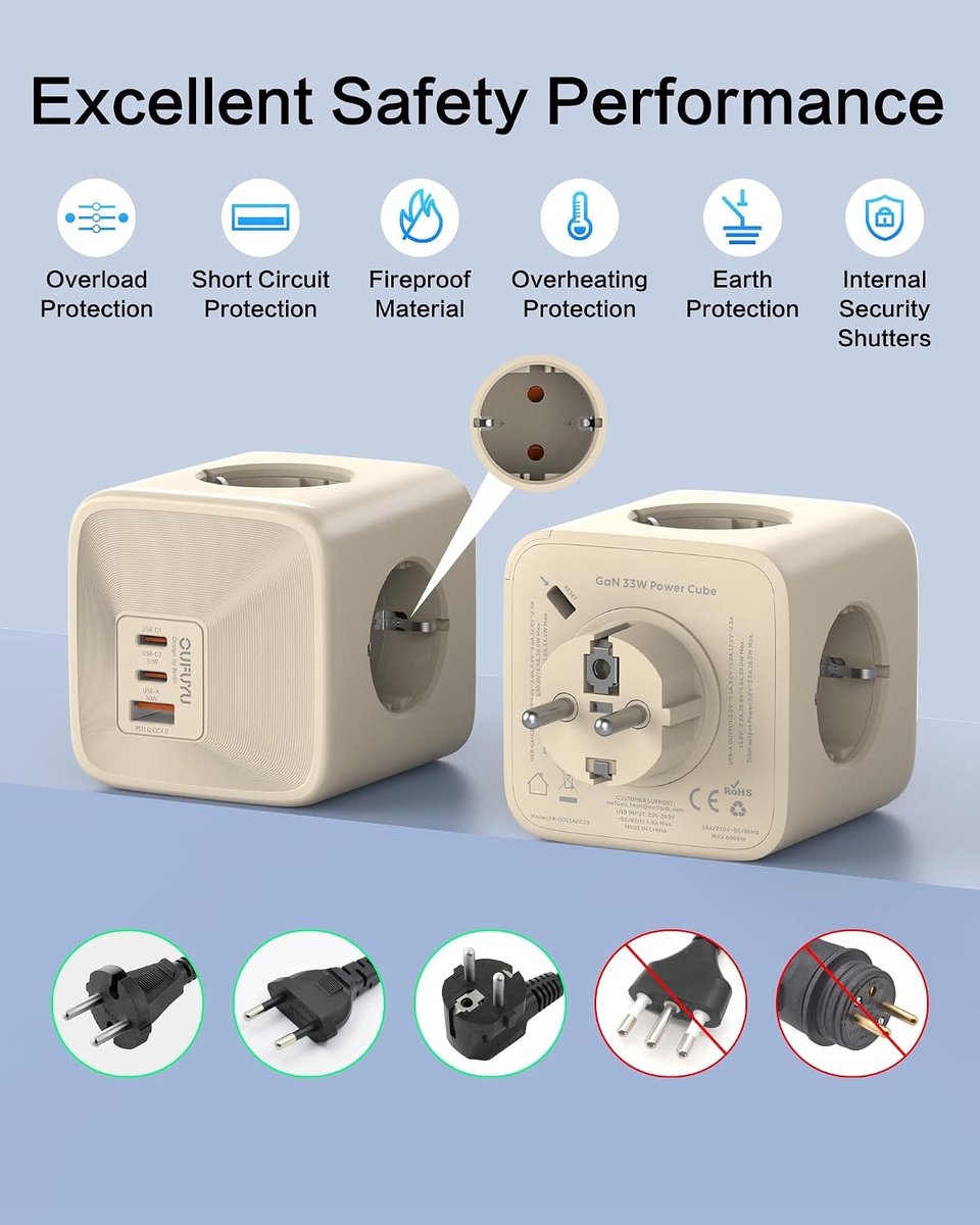 Stekkerdoos met USB - Beige - 7-in-1 - Ruimtebesparend met 4 Stopcontacten en 3 USB-poorten - Voor Kantoor en Thuis