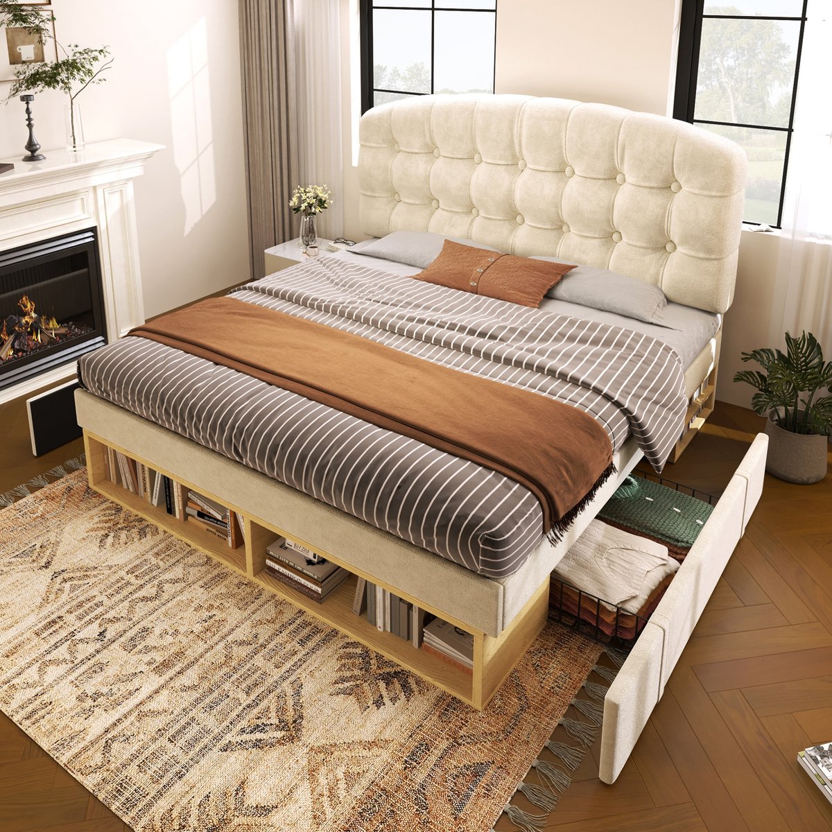REDOM- Bedframe met opbergruimte - Verstelbaar hoofdeinde - Lattenbodem - Bedlade - Stof - Slaapkamer - Metaal en hout - Beige - 90 x 200 cm