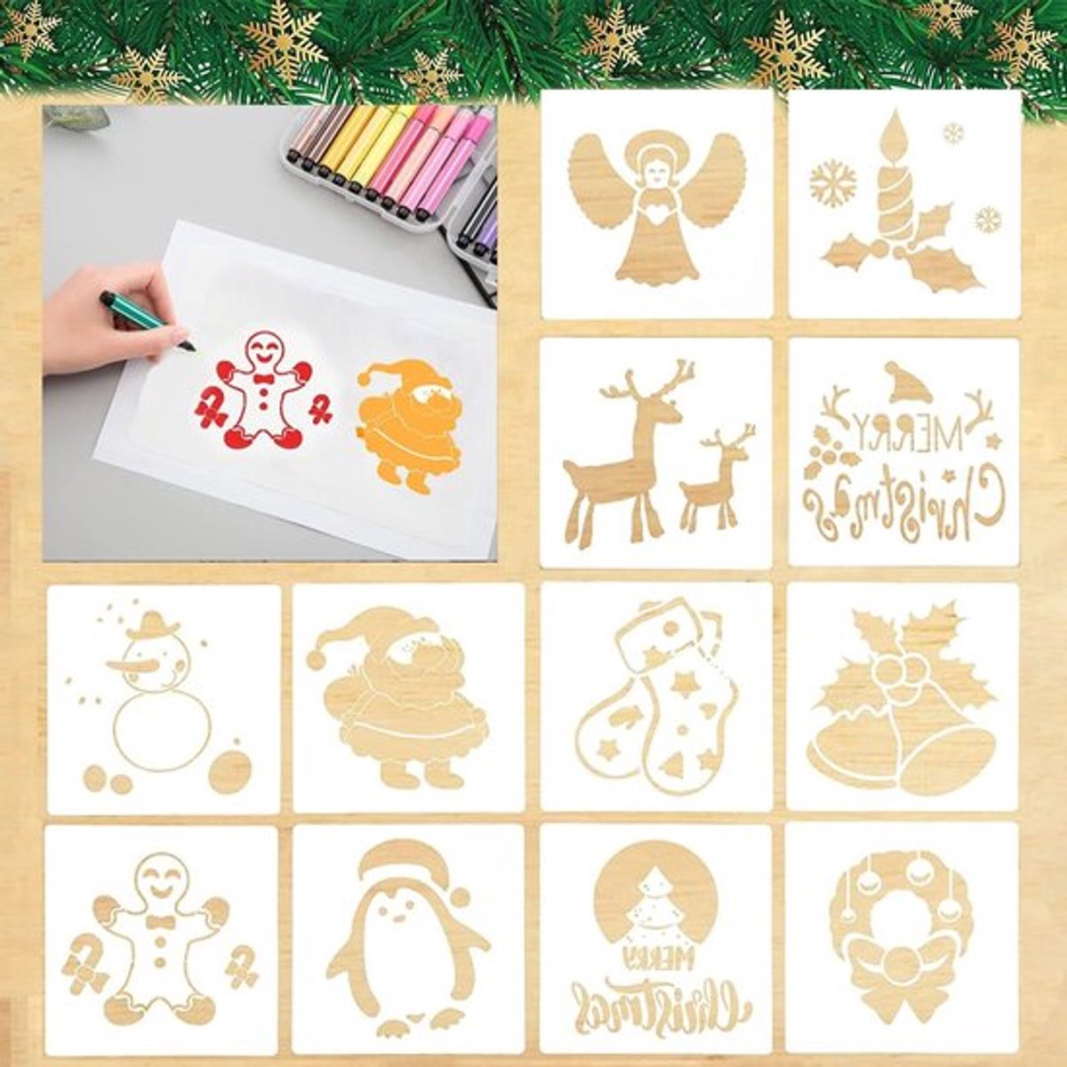 Set van 12 Herbruikbare Kersttekeningen Sjablonen voor Scrapbooking, Fotoalbums en Cadeaukaarten - Perfecte Kerstcadeaus voor Kinderen