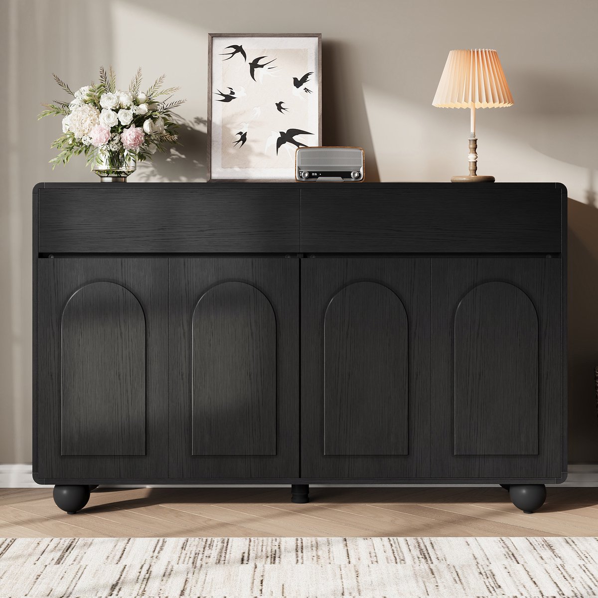 VVBV Dressoir - 140 x 38 x 89 cm, Zwart, met 2 Lades en 4 Deuren, Verstelbare Planken, Metalen Poten, MDF & Spaanplaat