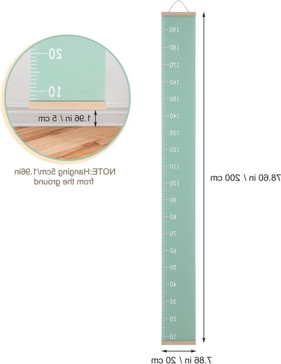 1 Stuk Kinderen Muurhangende Meetlat, Canvas Groene Hoogtemeter Decoratie voor Thuis, 200 x 20 cm, Kindermeting, Interieurdecoratie, Speelkameraccessoires