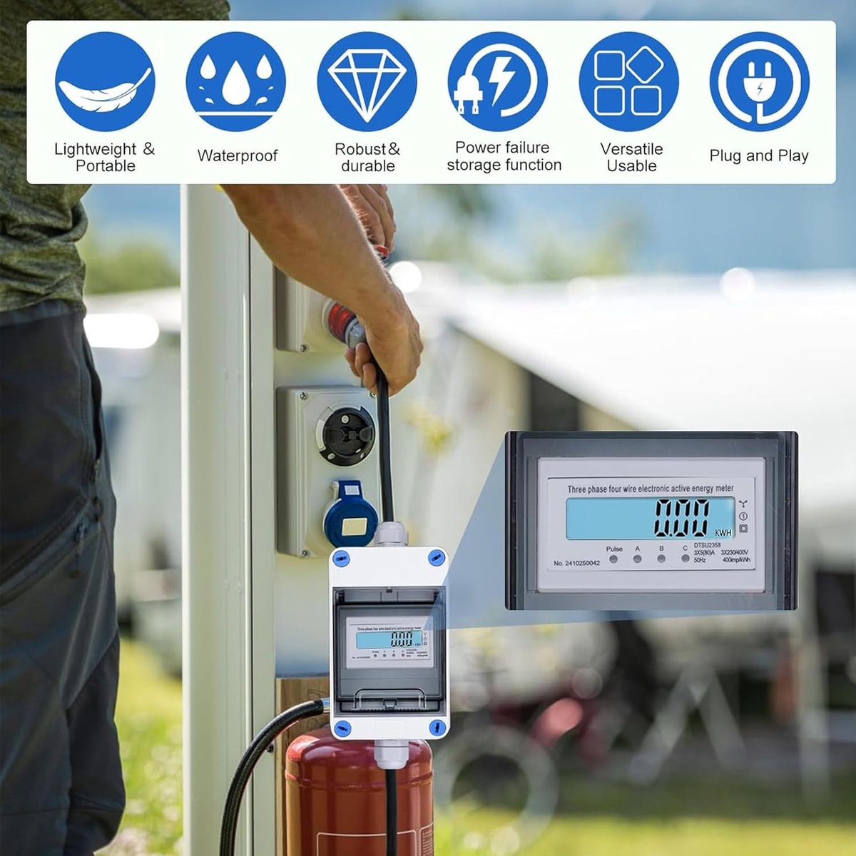Mobile Digital Flow Meter with 3 Phase CEE Plug and Coupling Industrial Plug LED Flow Meter for Caravans, Electric - ShopVlot