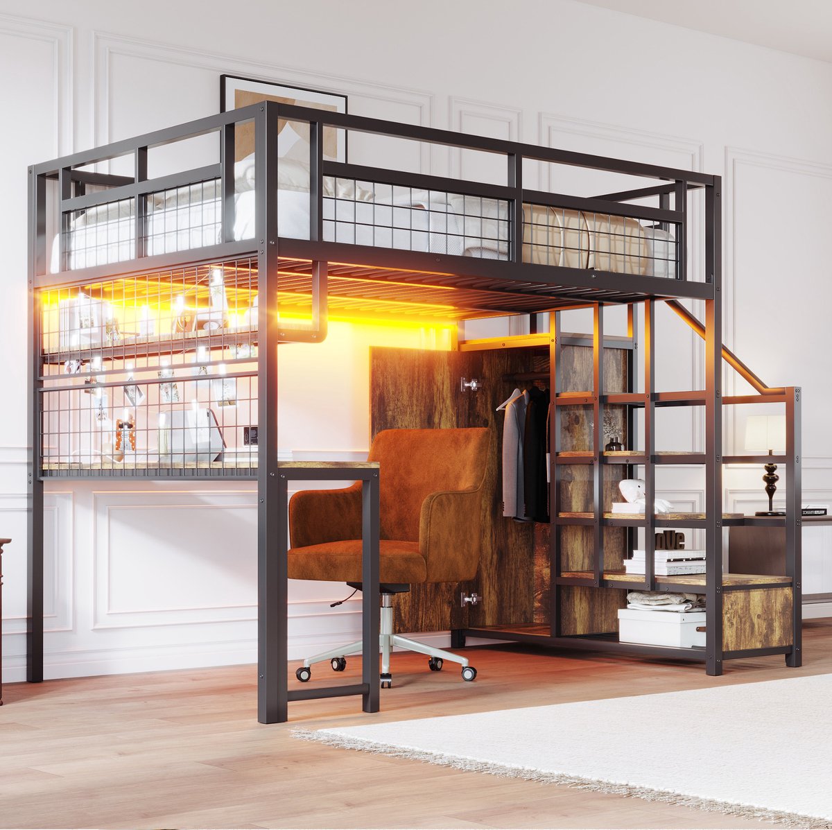 REDOM- Hoogslaper - Met bureau en opbergruimte - Met ladder en kast - Met verlichting en stopcontact - Metaal en MDF - Zwart - 140 x 200 cm