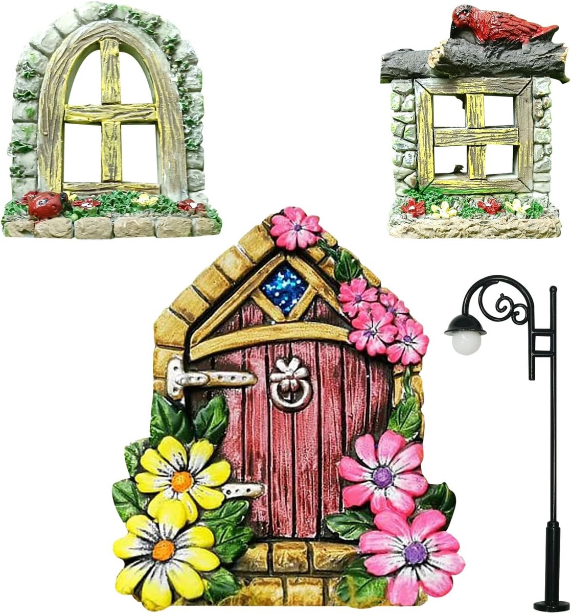 SnelShoppen - Miniatuur Fairy Garden Deur en Raam Decoratie voor Tuin en Bomen, Schattige Tuinaccessoires voor Kinderen, Buiten, Kerst, 3-delige Set