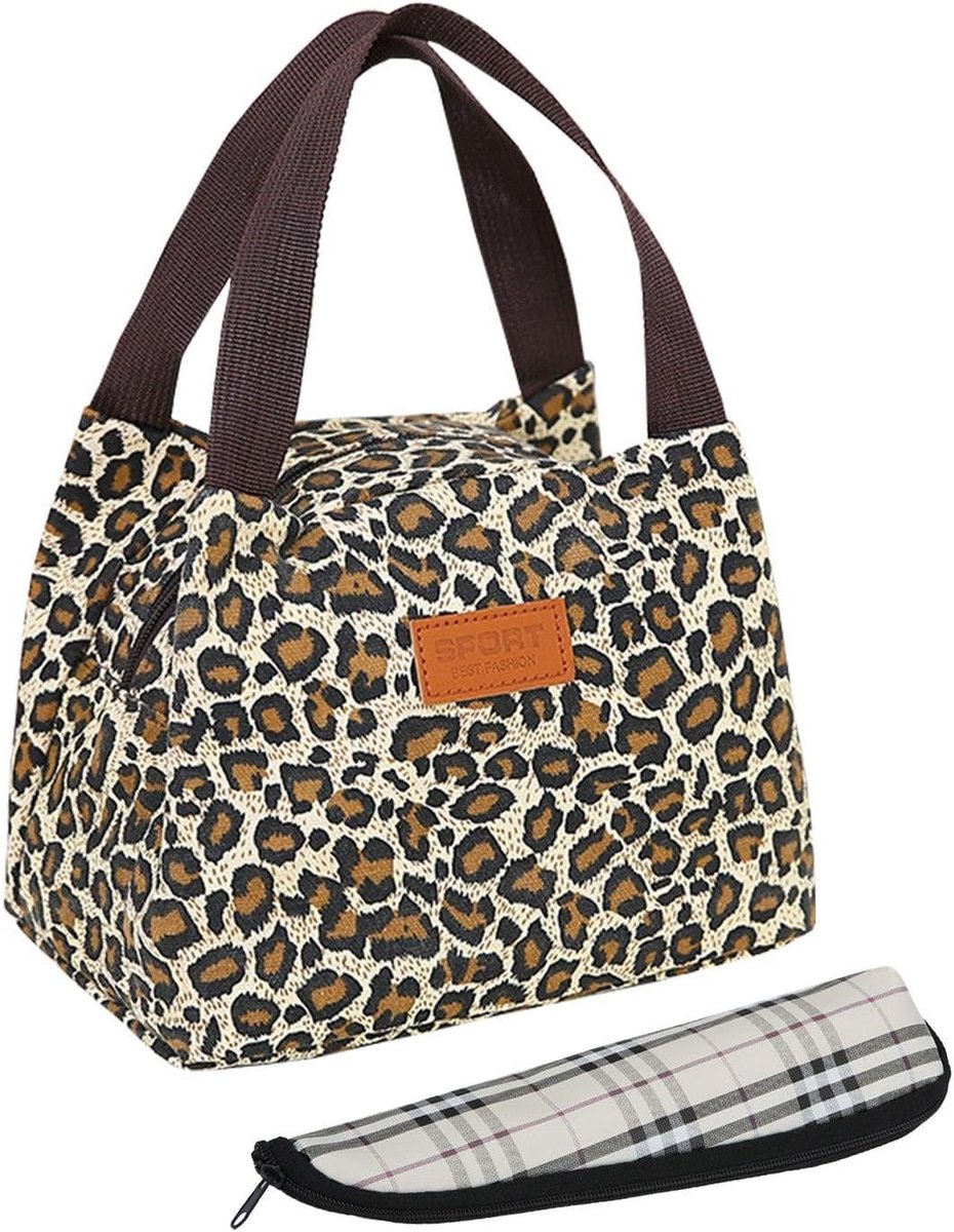 Lunchtas leopard patroon 22x16x15 cm - inclusief bestek tas - stijlvol en praktisch - ideaal voor werk of school - ShopVlot