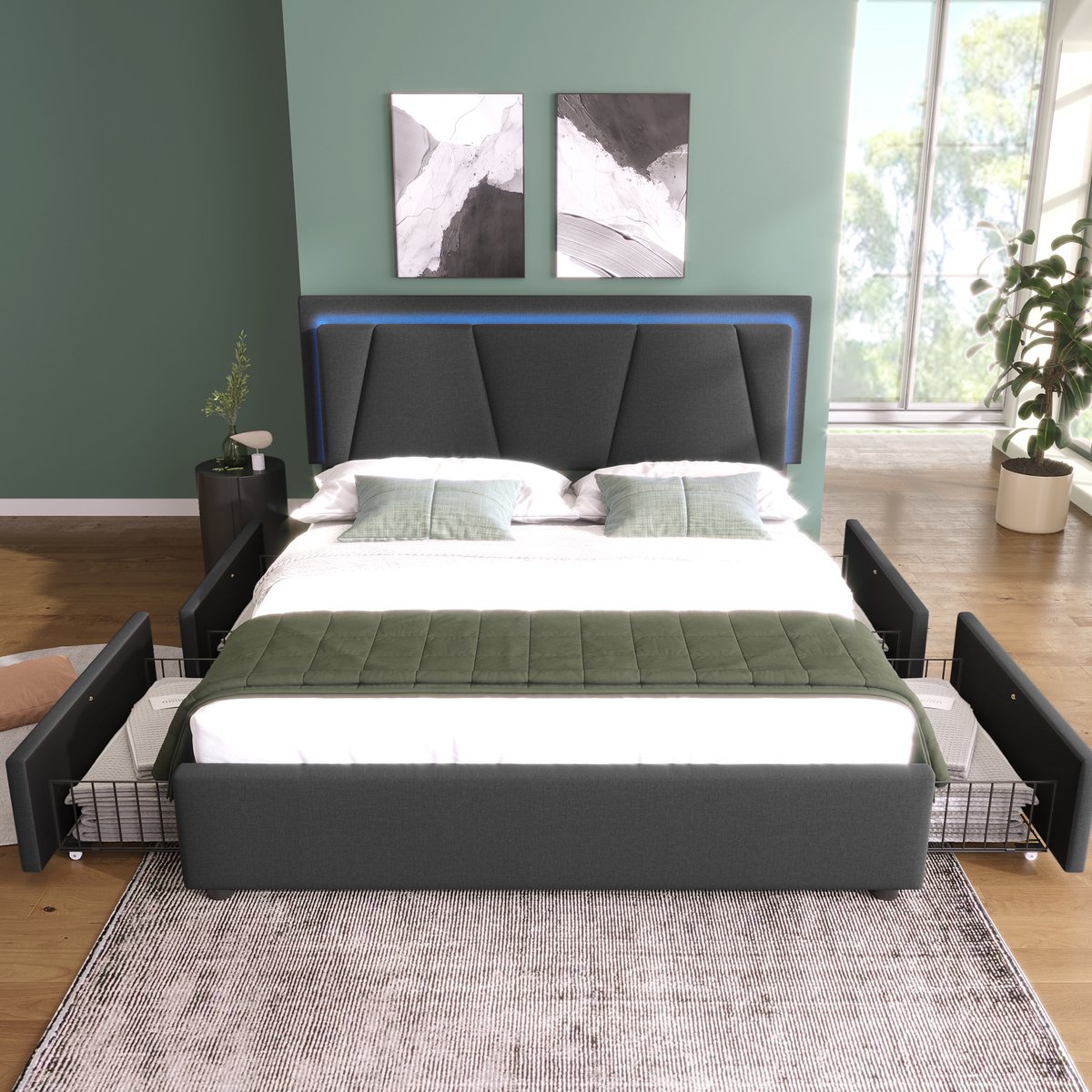 REDOM- Bedframe - Verstelbaar hoofdeinde - Met opberglades - Met ledverlichting - Met houten lattenbodem - Tweepersoons - Stof en metaal - Grijs - 169 x 207 x 102-112 cm
