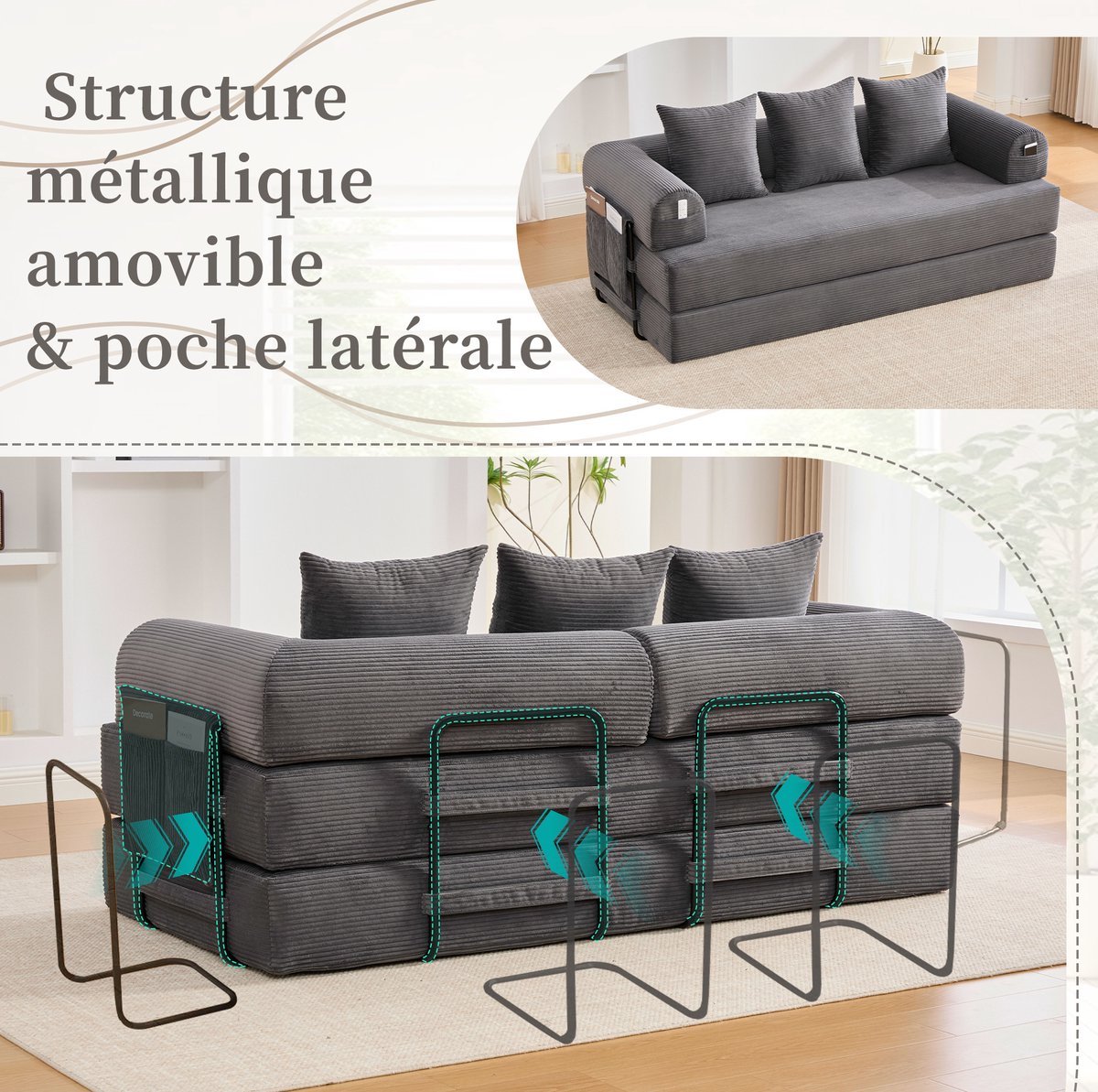 FloraGrace Slaapbank 3-Zits Modulaire Bank Met Metalen Frame En Zijklepzak - Met 3 Kussens, Opvouwbaar En Uitklapbaar - Donkergrijs Corduroy