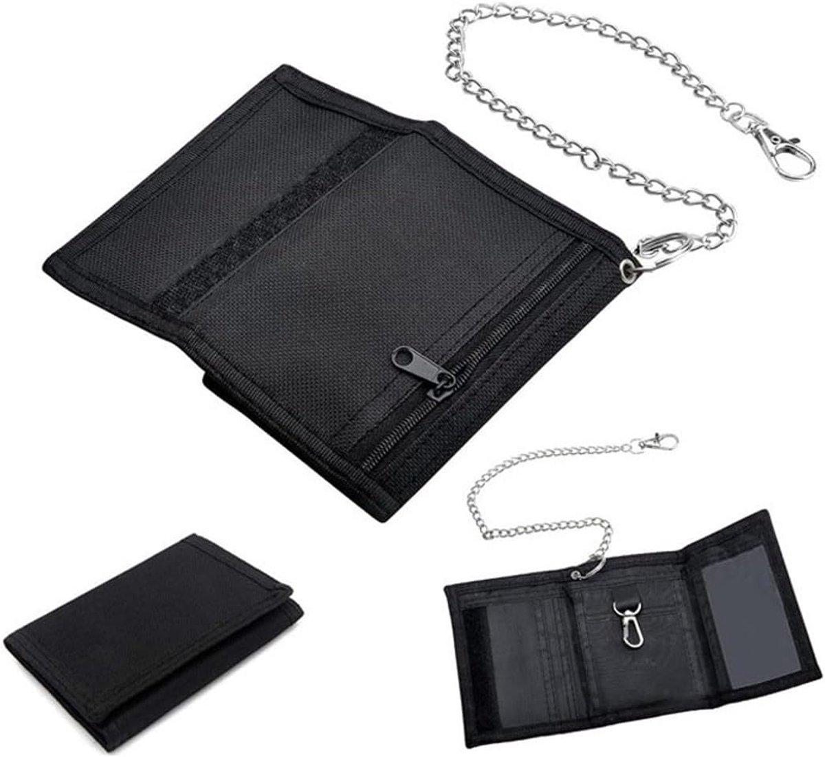 Kids Wallet, Slim Black Coin Purse for Boys with Chain Clip Zipper Foldable Triple Kids Wallet Kids Wallet Black Small - ShopVlot