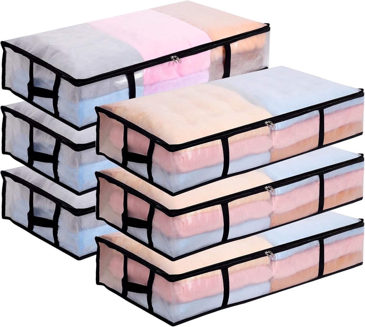 SnelShoppen - 6 Stuks 90L Opbergbak Onderbed met Deksel, Grote Transparante Opbergdoos, Vouwbare Opbergtas met Handvat, Opslag voor Kleding, Dekens en