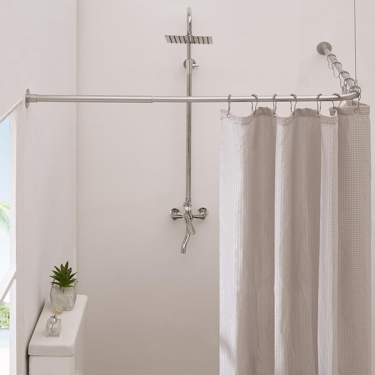 SnelShoppen - Verstelbaar hoekig douchegordijn 61-94 cm x 61-94 cm, L-vorm douchestang, 90 graden gordijnstang voor badkamer, bad met 12 ringen en pla