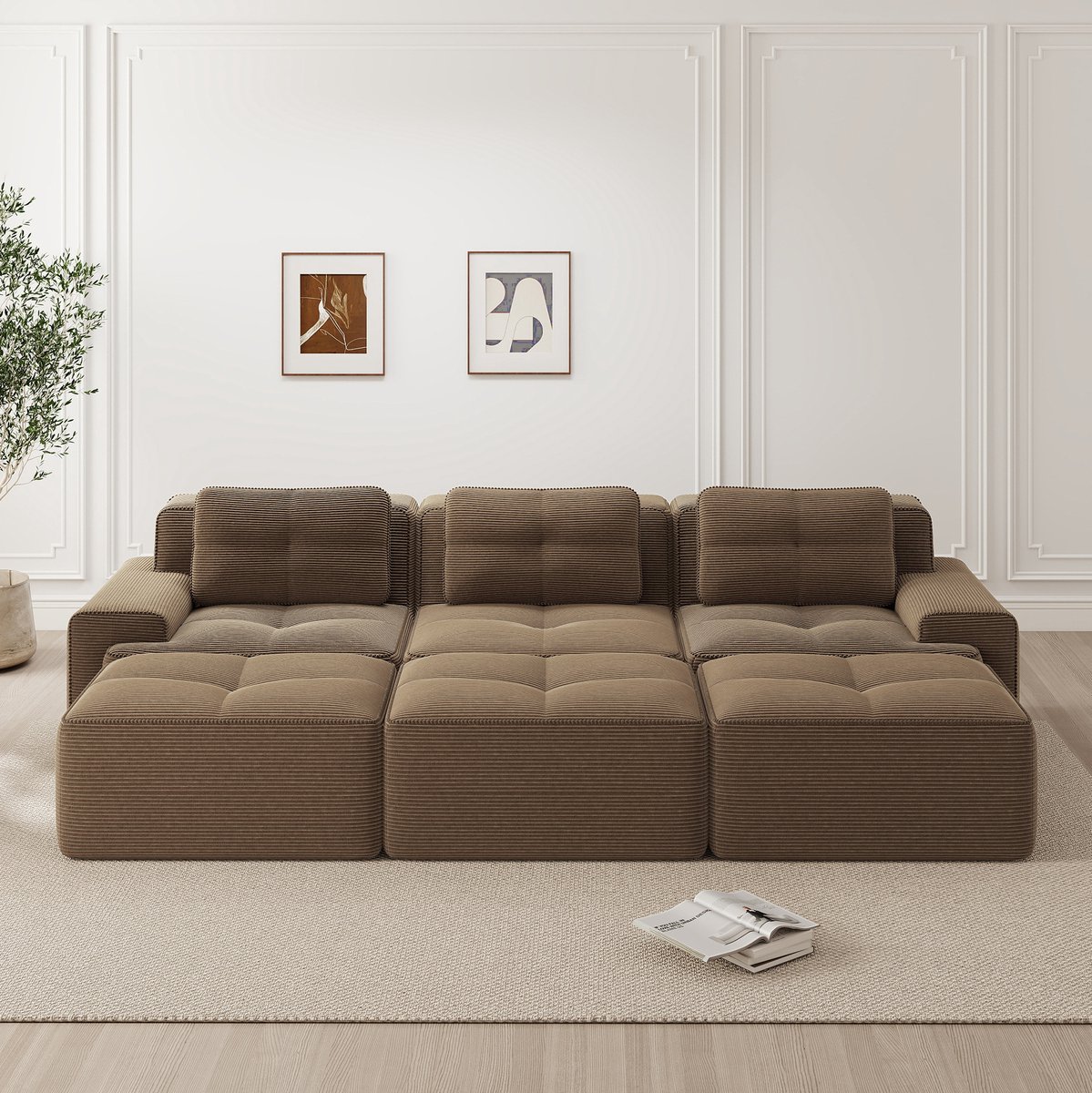 FloraGrace Hoekbank 3-Zits - Modulaire Slaapfunctie - Zachte Corduroy - Voor Woonkamer En Ontspannen - Bruin