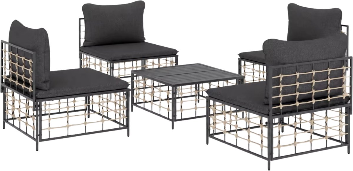 Tuinloungeset 5-Delig – Poly Rattan Zitgroep met Salontafel & Kussens
