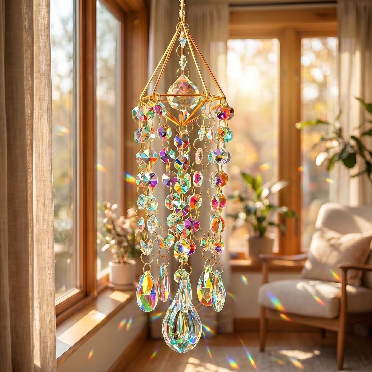 QTTVBTNA – Kristallen Zonvanger – Raamkristal – Handgemaakte Regenboogmaker en Lichtvanger – Raamdecoratie – Hangende Boho Decoratie voor Tuin, Raam, Balkon en Buitenruimte