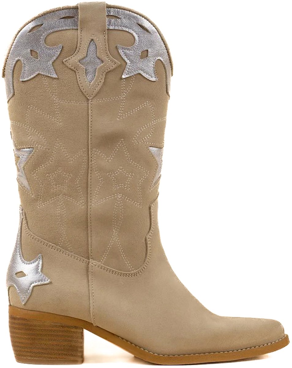 DWRS® Dames Cowboylaarzen - Beige - Leer - Maat 38