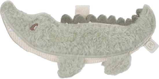 Lichtgroene krokodil slinger met grijze stekels op de rug, tegen een witte achtergrond.