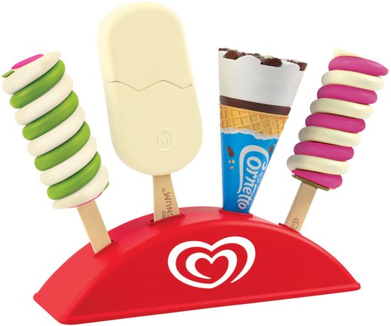Een rode standaard met vier speelijsjes: een vanille Magnum, een Cornetto en twee swirl-ijsjes in roze/wit en groen/wit.