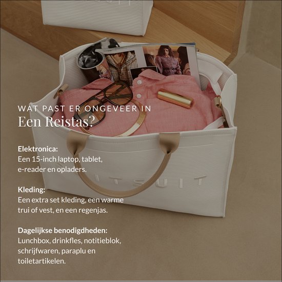 Gevulde witte SUITSUIT reistas met een roze overhemd, bril en lipstick.