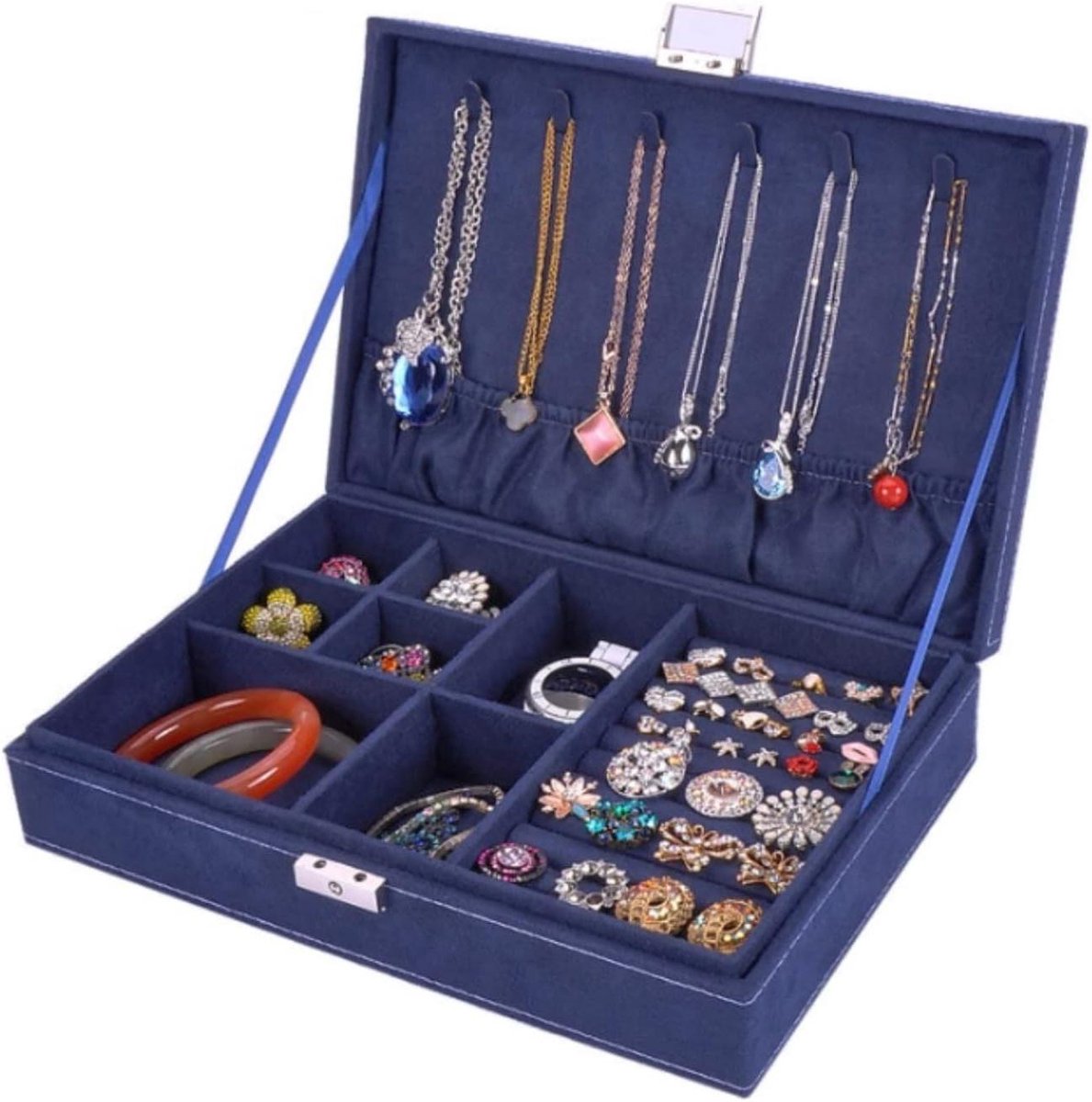 Juwelendoos - Opbergdoos - Sieraden Opbergen - Ingebouwde Spiegel - Grote Capaciteit - Blauw