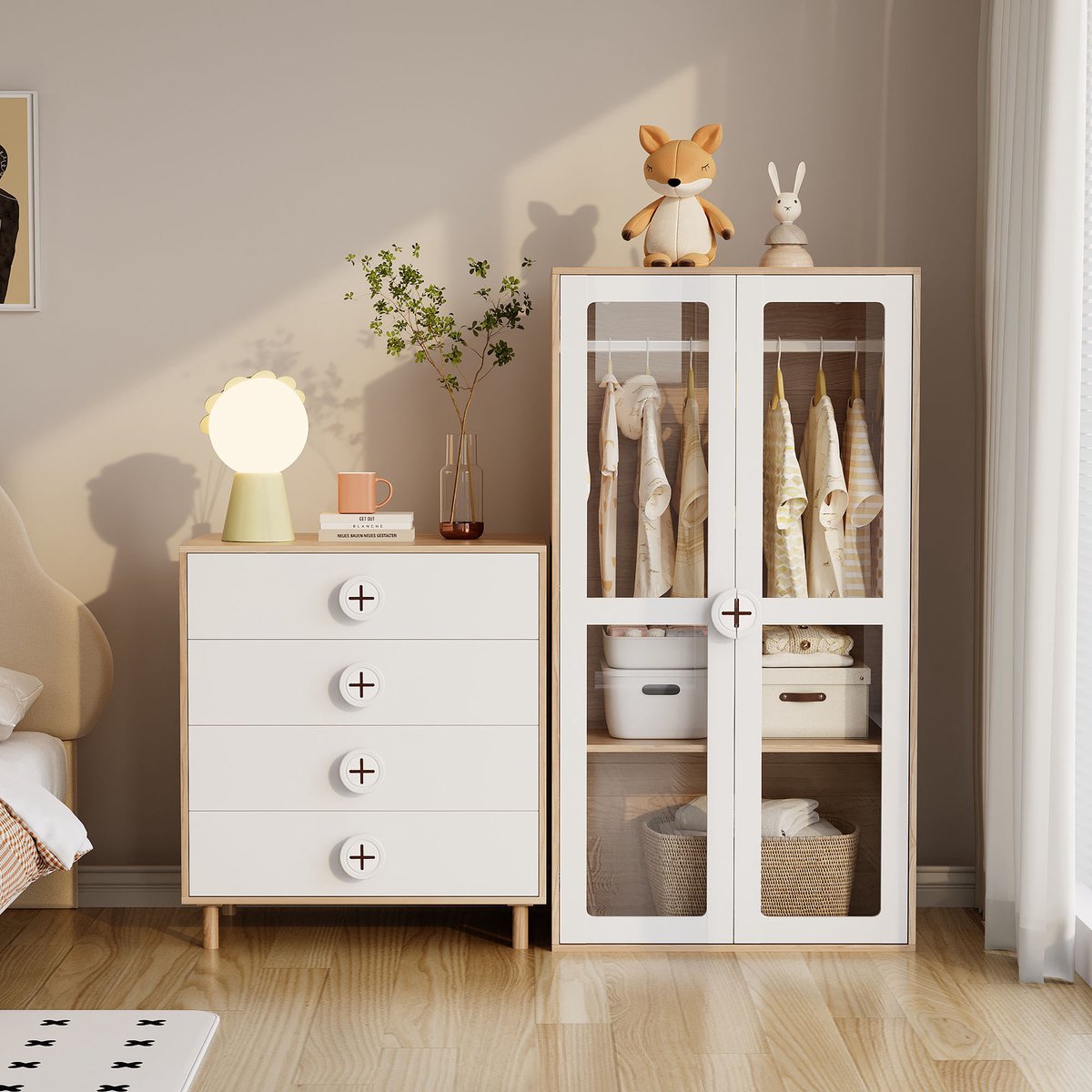 MODFU - Kinderkast - 2-Deurs - Met Hangroede - Acryldeuren - Wit - Natuurlijk Houtkleur - MDF - 80 X 50 X 150 Cm