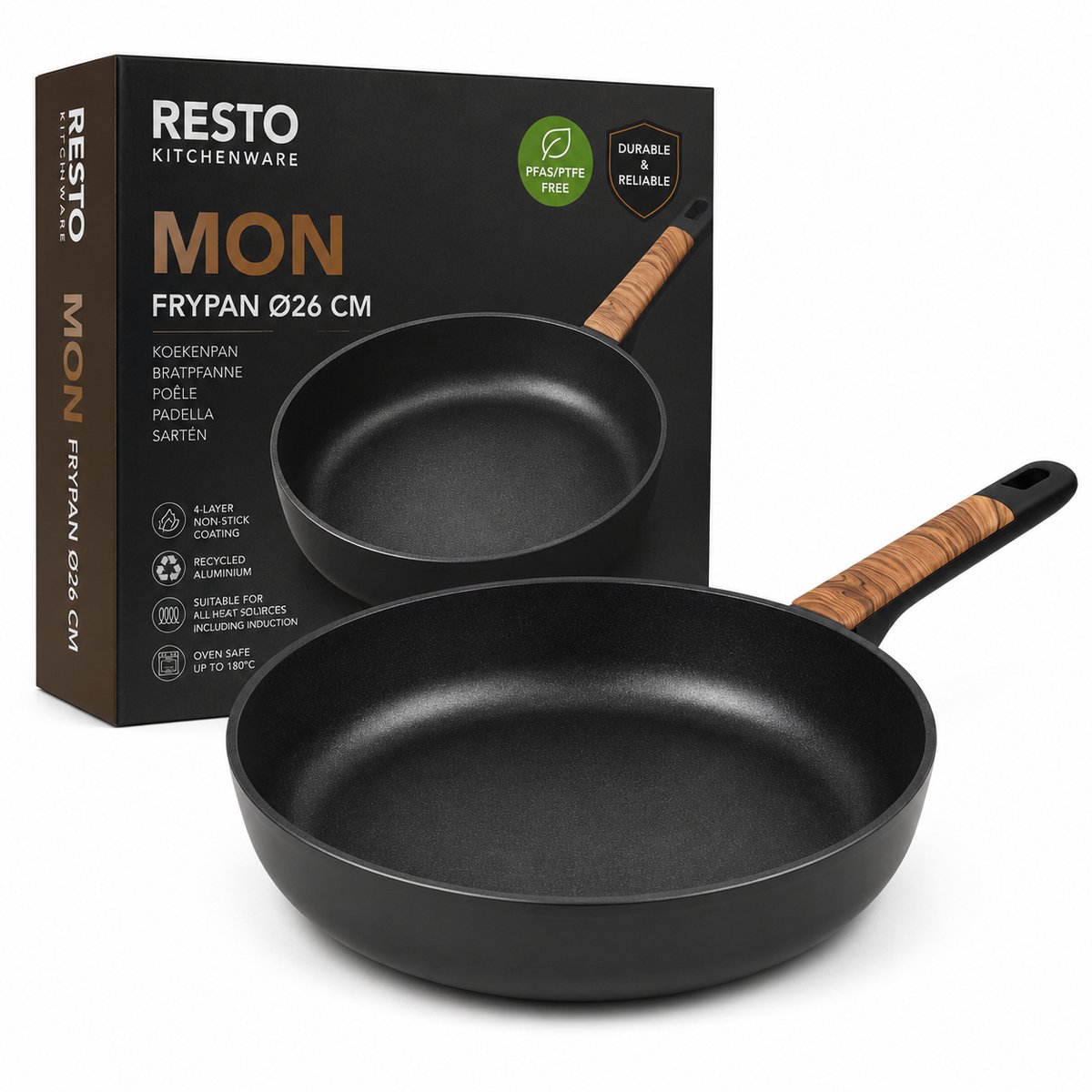 RESTO Mon Koekenpan 26 cm – Inductie Geschikt – Gerecycled Aluminium – 4-Laagse Anti-aanbaklaag – PFAS/PTFE Vrij – Professionele Frypan