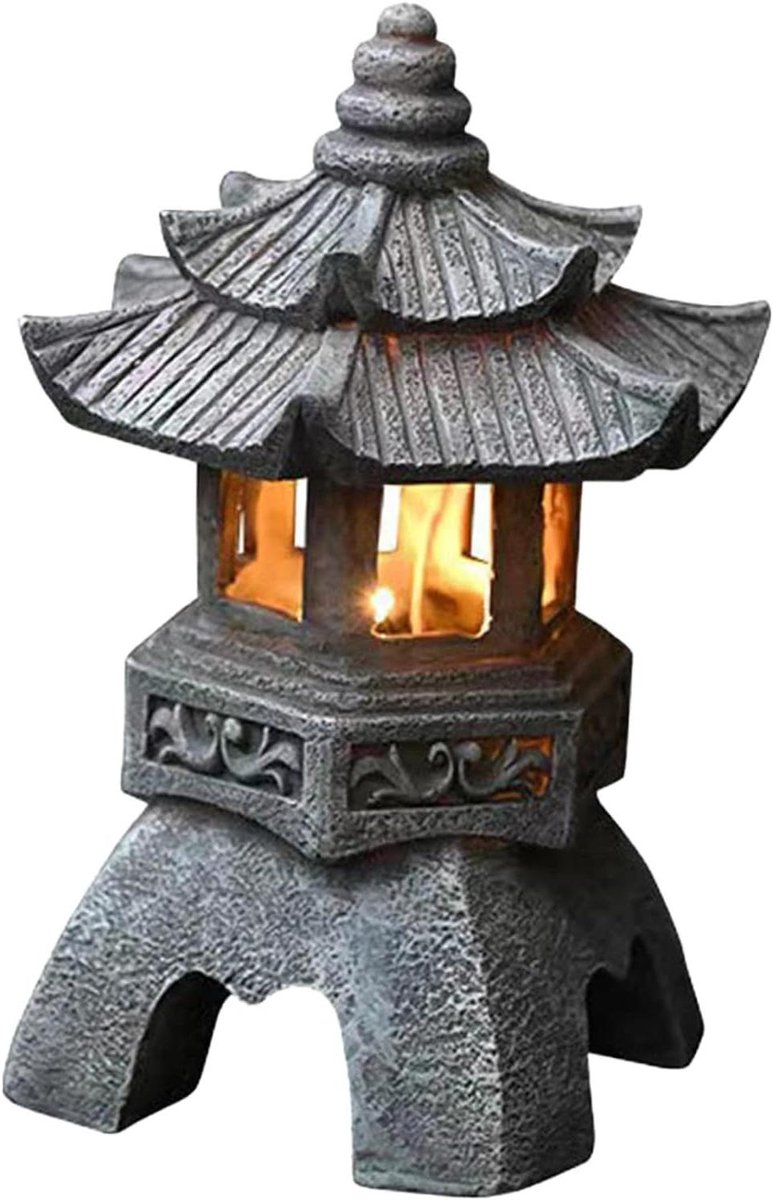 Pagode Lantaarn - Tuinlamp Solar - Tuin Decoratie - Automatisch Aan - 26 cm Hoog - Natuursteen Kleur