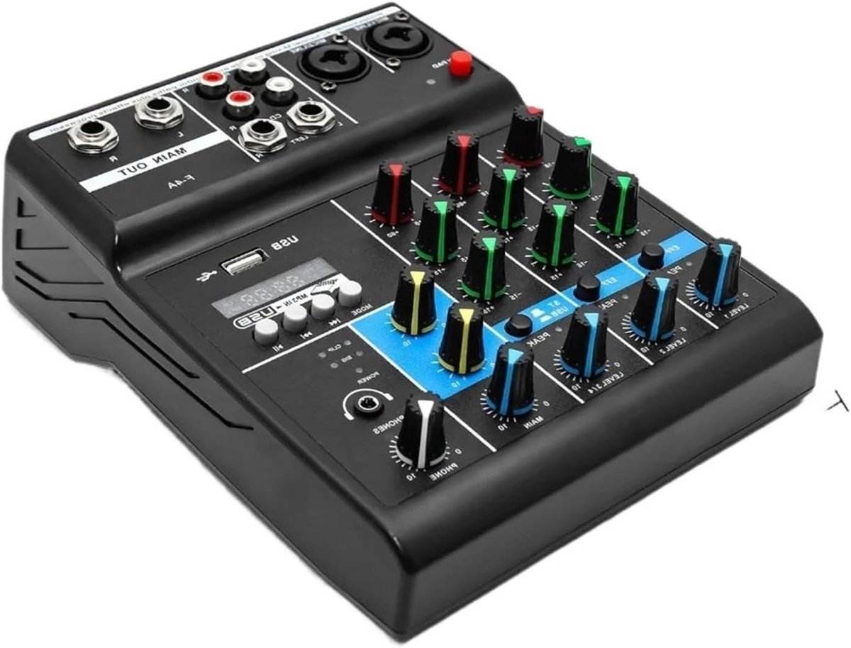 Audio Mixer - Geluidskaart Mengpaneel - Live Streaming Opname - 4 Kanaals Ingangen - 600 Gram - Zwart