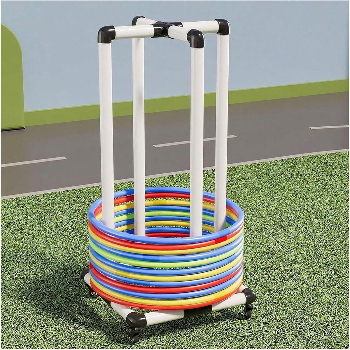 Hoelahoep Houder - Opbergrek Fitness - Sportmateriaal Opbergen - Met Verrijdbaar Onderstel - 55 cm - Zwart Wit