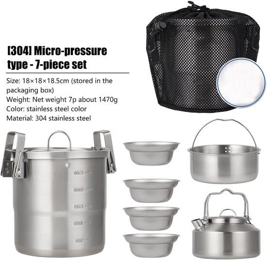 Outdoor Camping Servies Set - 13 Stks/Set Outdoor Kookset met Pot, Waterkoker, Kommen & Opbergtas, Roestvrij Staal Kookgerei, Draagbaar Fornuis, Genest Ontwerp, voor Backpacken, Wandelen, Trekking — afbeelding 3