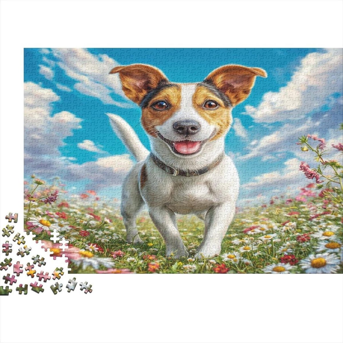 Schattige hondenpuzzel van gerecycled papier voor volwassenen, Jack Russell in bloemen, ontspanning, stress, wanddecoratie en cadeau, leuk cadeau-idee voor verjaardag en afsluiting