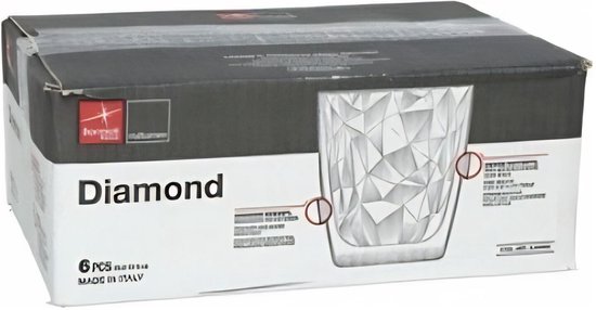Verpakking met Bormioli Rocco Diamond glazen, 6 stuks, transparant, gemaakt in Italië.