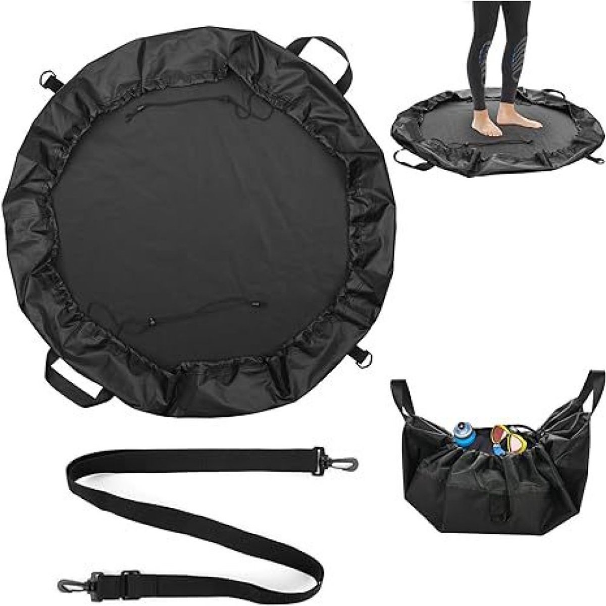 carmdering - Omkleedmat - Strandmat - Waterdichte Tas - Diameter 80 cm, 100% polyester, waterafstotend - Met trekkoordsluiting, droog/nat scheiding - Voor wetsuit, badkleding en handdoeken - Perfect voor zwemmen, surfen en kajakken - Zwart