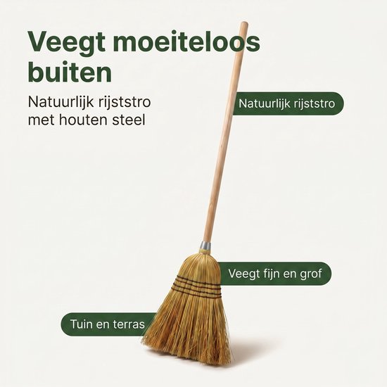 Cheqo® Strobezem - Rijststrobezem - Stro Bezem met Steel - Buitenbezem - Tuinbezem - Terrasbezem - Bladbezem - Bezem voor Buiten - Veegbezem - Heksenbezem - Bezem met Houten Steel voor Tuin en Terras - Bladeren Vegen van Cheqo — afbeelding 5