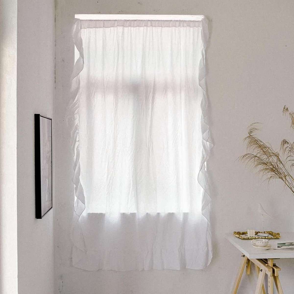 Korte Gordijnen - Vitrage Keuken - Raam Decoratie - Zonder Boren - 150 x 140 cm - Wit
