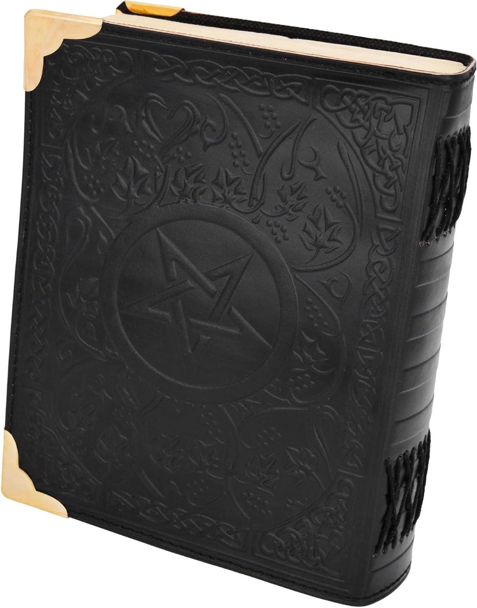 Leren Notitieboek - Dagboek Grimoire - Verhalen Schrijven - Handgemaakt Ontwerp - 23 x 18 cm - Zwart