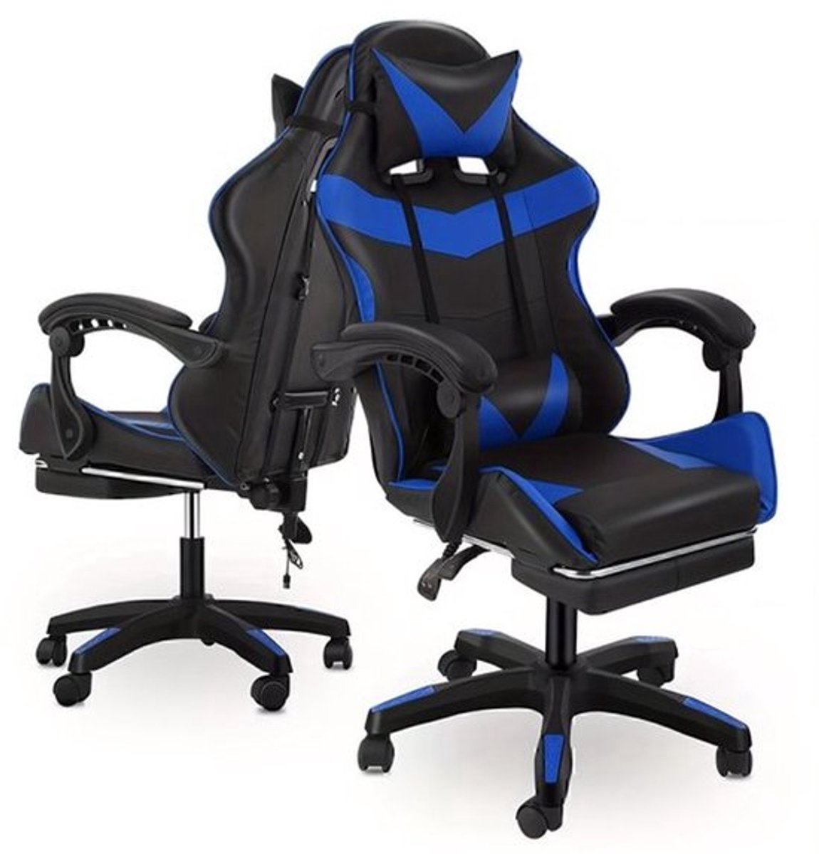 Gamingstoel – Gamestoel – Gaming Chair – Game Stoel – Bureaustoel – Ergonomisch Design – Verstelbare Rugleuning met Voetensteun – Max. 150 kg – Zwart Blauw
