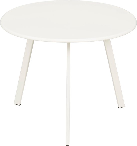 Une table d'appoint ronde blanche à trois pieds, isolée sur un fond blanc.
