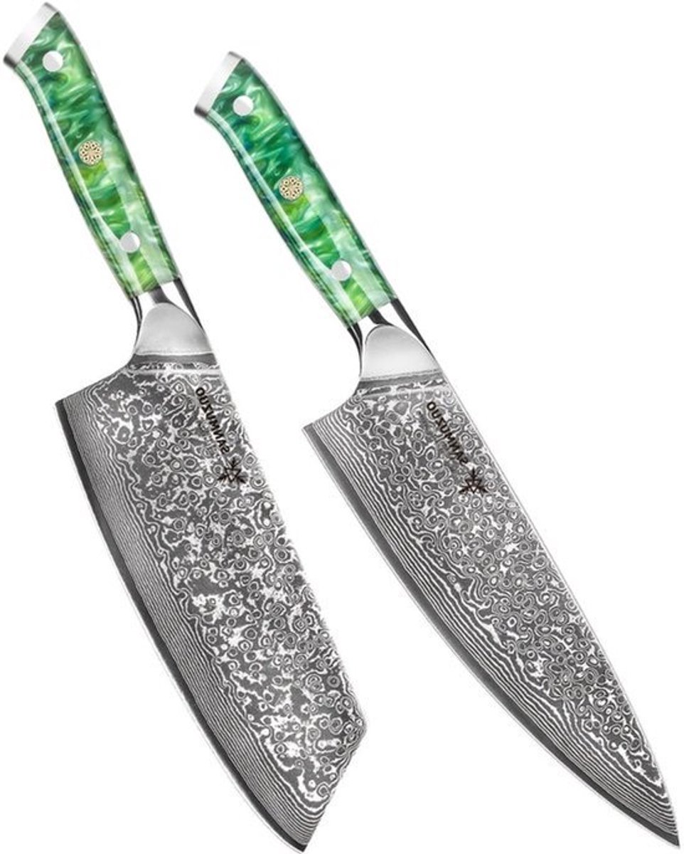 Keukenmes – Koksmes – Nakiri Mes – Groentemes – Set Van 2 – VG10 Damascus Staal – Resin Handvat
