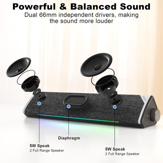 PC Speaker - Soundbar Computer - Muziek Luisteren - 3 Afspeelmodi - USB Powered - Zwart — afbeelding 5