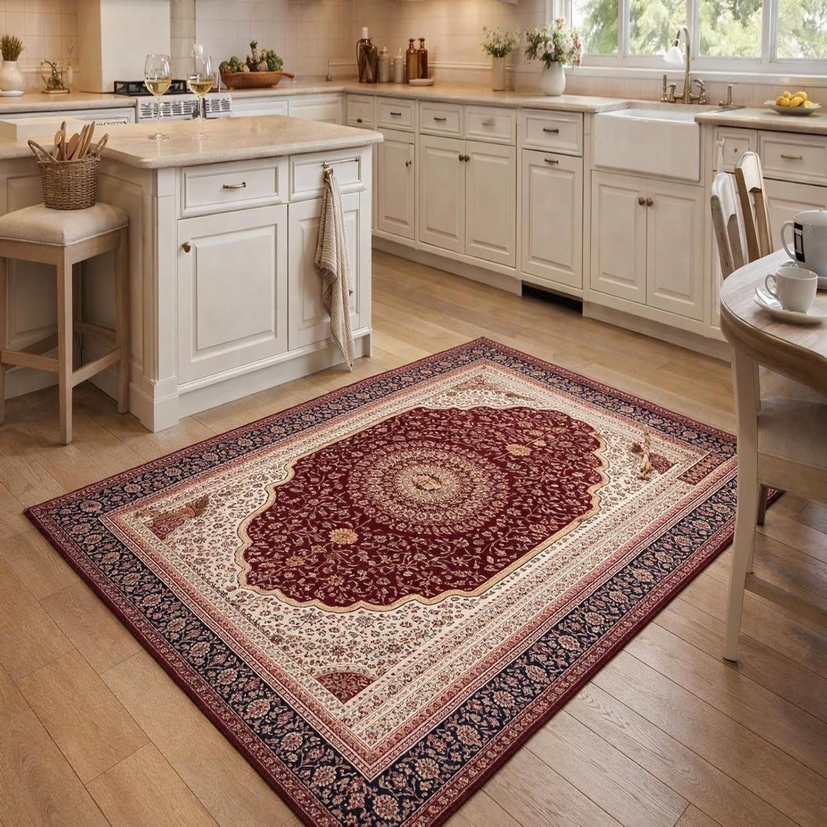 Generisch Vloerkleed, wasbaar, klassiek, floral, rood, wit, geel, donkerblauw, roze, 80 x 