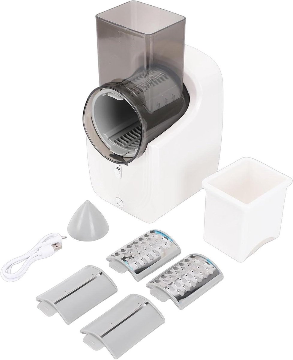 Elektrische Groentesnijder - Kaasrasp Snijmachine - Snel Salades Maken - Verschillende Messen - 18 x 15 x 30 cm - Wit