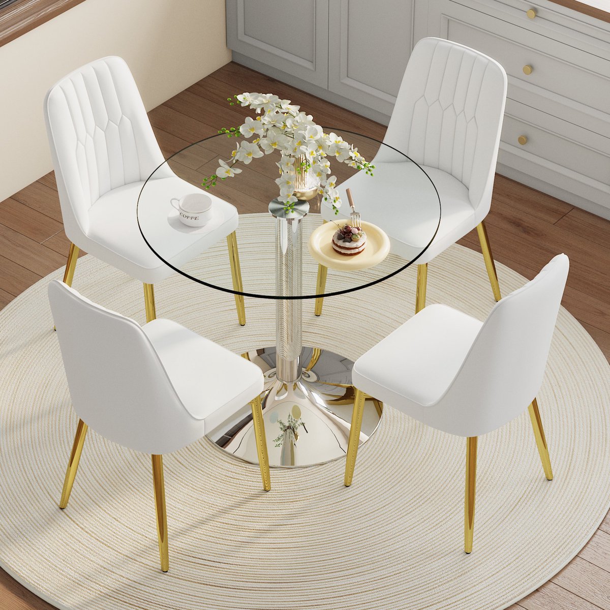 STILVORA Eettafelset 85 cm - Ronde Glazen Tafel Met 4 Eetkamerstoelen - Voor Eetkamer En Keuken - Glas PU Wit Goud